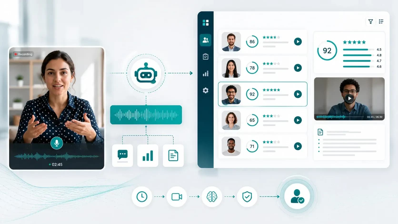 A candidate records an asynchronous pre-screening interview while the uR AI Pre-Screening Agent transcribes and scores each response, leaving the progression decision to the recruiter.