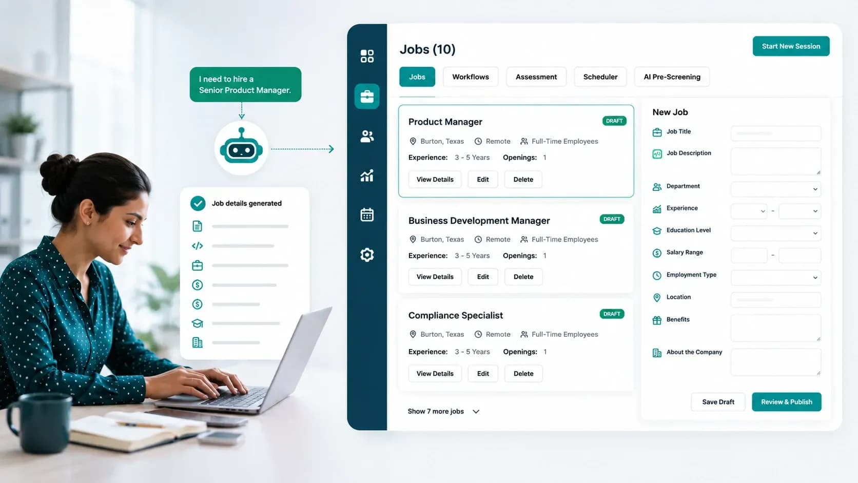 A recruiter describes a role to the uR Job Agent, which fills the job form — description, skills, experience, salary range and benefits — ready for review and publishing.